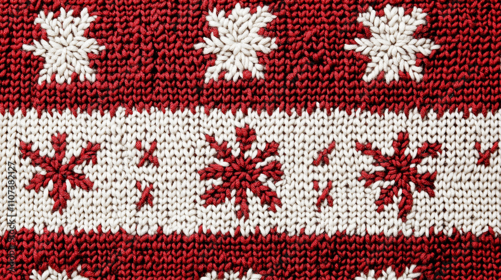 Red and white knitted pattern with snowflake design Red and white knitted pattern with snowflake design