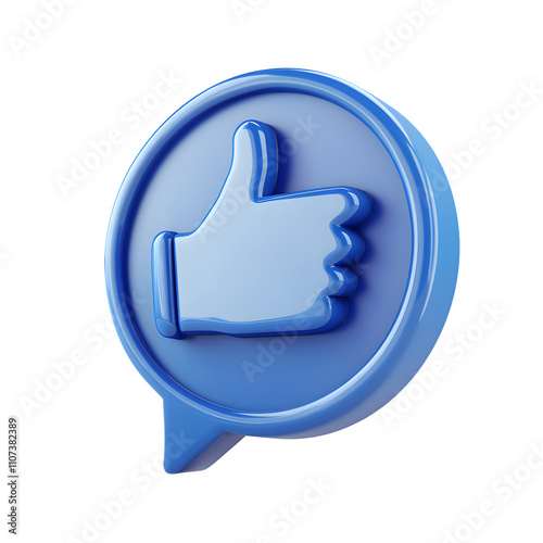 3d rendering of a blue like icon giving positive feedback inside a speech bubble on a transparent background
