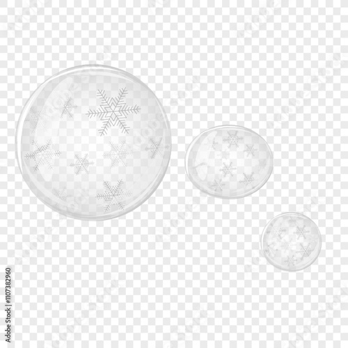 Transparent water bubble with snowflakes. Soap bubble, crystal glass ball. Beauty product, moisture, skincare transparent bubbles top view, scatter splashes