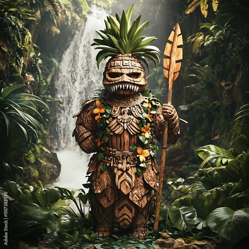 Tribal Shaman Idol Statue in Lush Rainforest Jungle photo