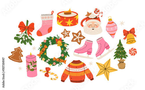 Cozy collection of Christmas and New Year items. Set of traditional winter symbols, elements and decorations christmas tree, wreath, mistletoe, candles, clothes and other. Colored flat illustration