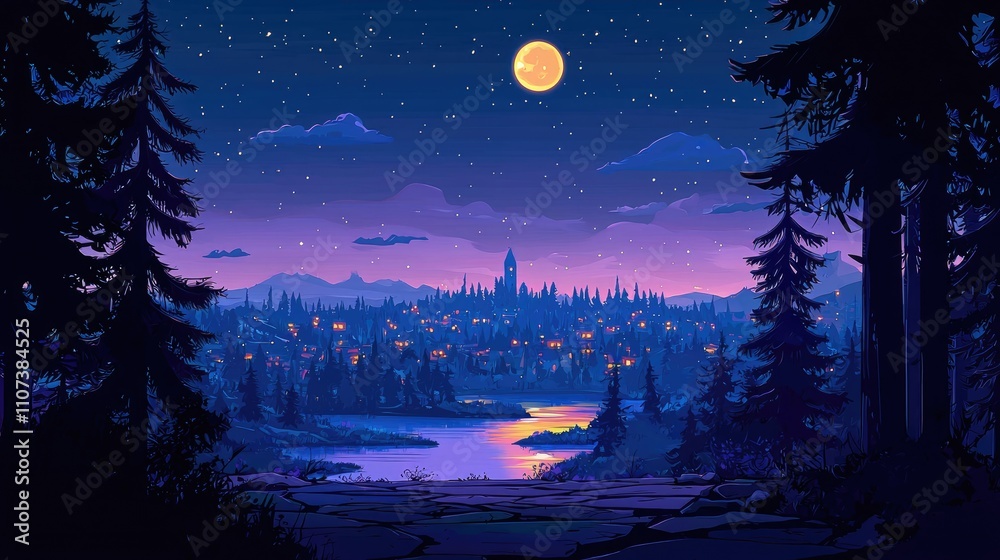 Fototapeta premium Nighttime View of a City by a Lake, Seen From a Forest Clearing