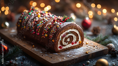 Delightful Display of a Festively Decorated Chocolate BÃ»che de NoÃ«l on a Charming Wooden Board with a Magical Atmosphere photo