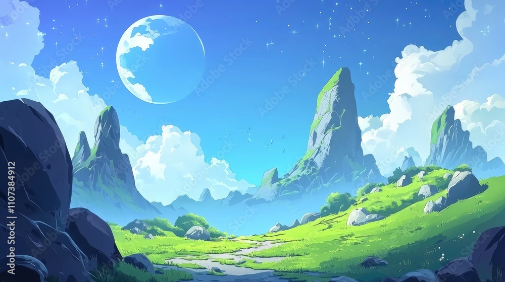 Fototapeta premium A Scenic Path Through a Lush Green Valley Under a Blue Sky With a Crescent Moon