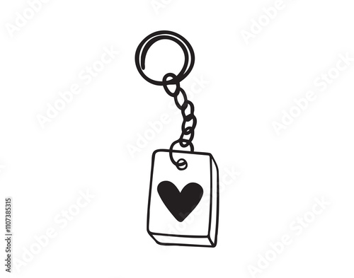 Keychain with love heart hand drawn doodle symbol, outline drawing keychain heart