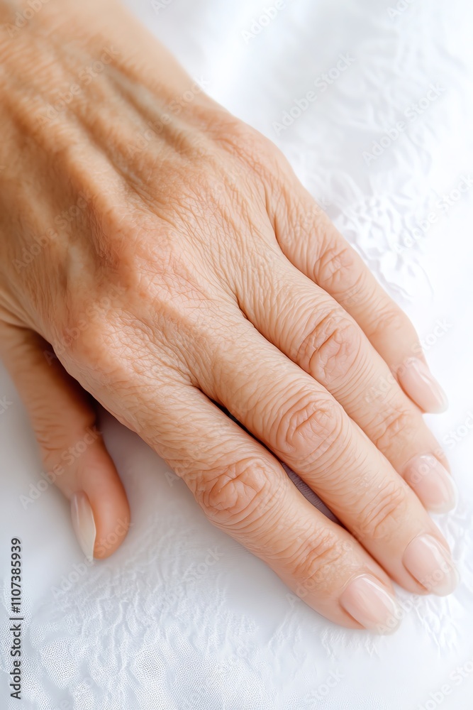 Fototapeta premium A close-up view of a mature woman's hand resting gracefully on a white textured surface, symbolizing elegance.