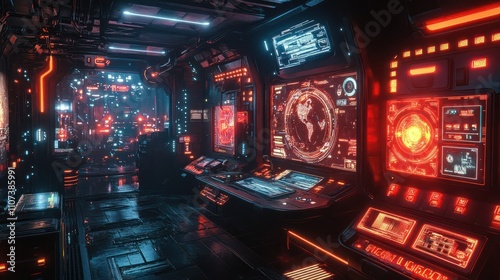 Fototapeta Naklejka Na Ścianę i Meble -  Futuristic spaceship bridge interior with glowing red and blue consoles and screens displaying holographic data.