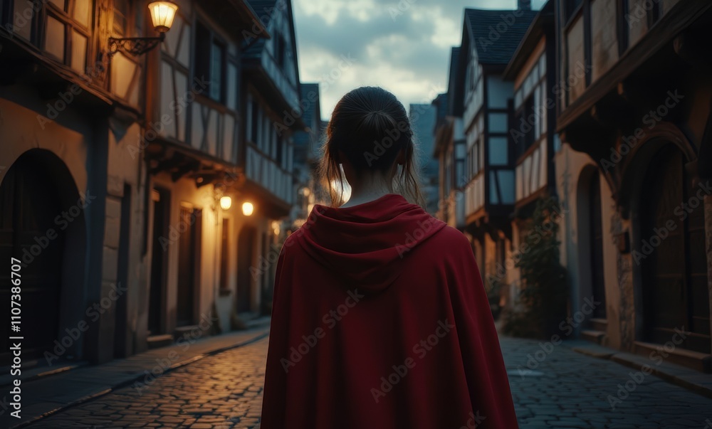 Female in a red cloak, historic street. Female in a red cloak, historic street.