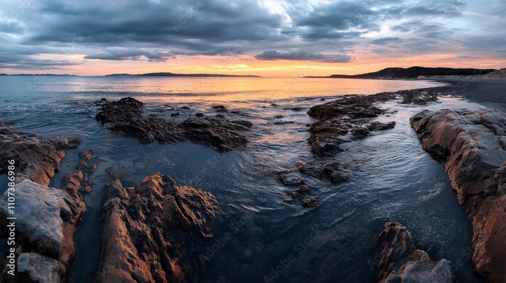 Obraz premium Rocky coastline at sunset with dramatic clouds and vibrant sky reflecting on the ocean water