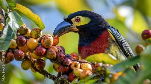 Chestnut-eared aracari feeding on fruits at pantanal photo