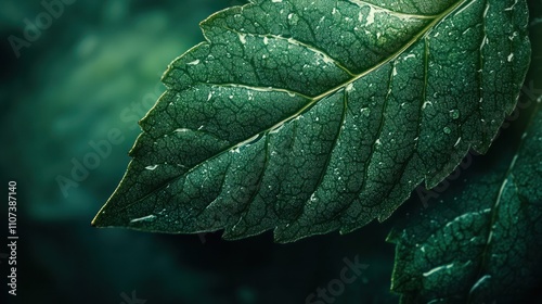 Close-up of a dark green leaf with water droplets.