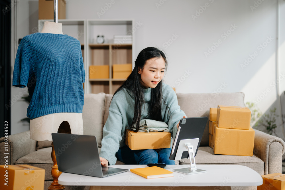 Young businesswoman managing online sales and shipping from a modern home office. Young businesswoman managing online sales and shipping from a modern home office.