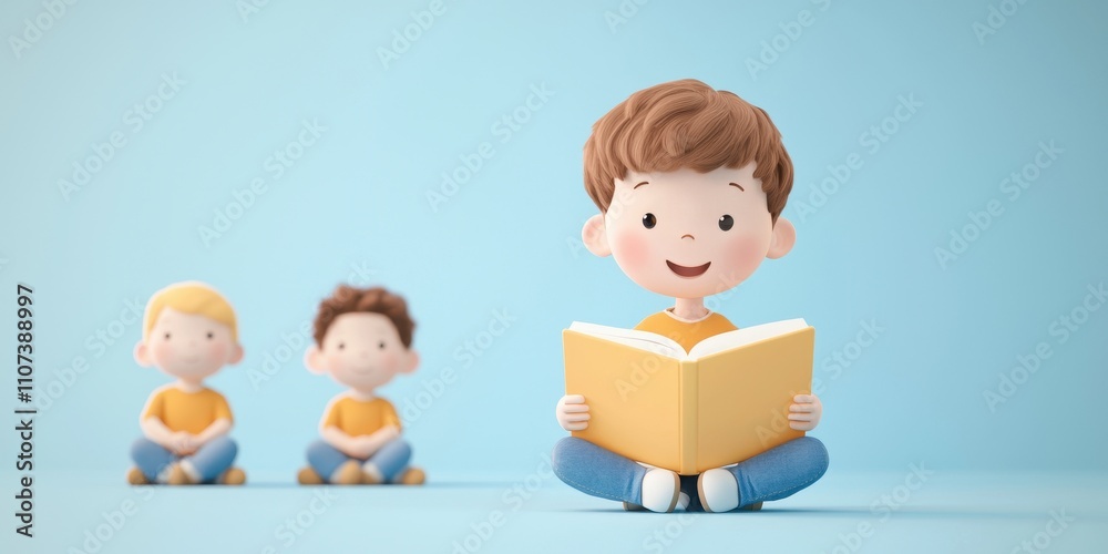 A cheerful boy reading a book, surrounded by two friends, depicting joy in learning. A cheerful boy reading a book, surrounded by two friends, depicting joy in learning.