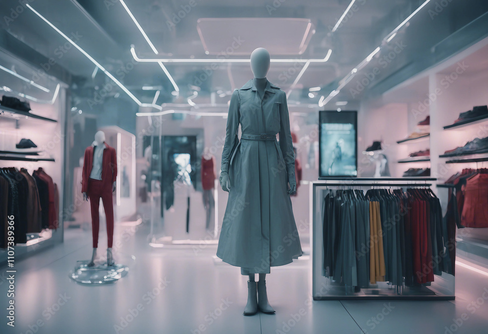 Futuristic Clothing Store Display with Interactive AI Interface 4K Futuristic Clothing Store Display with Interactive AI Interface 4K