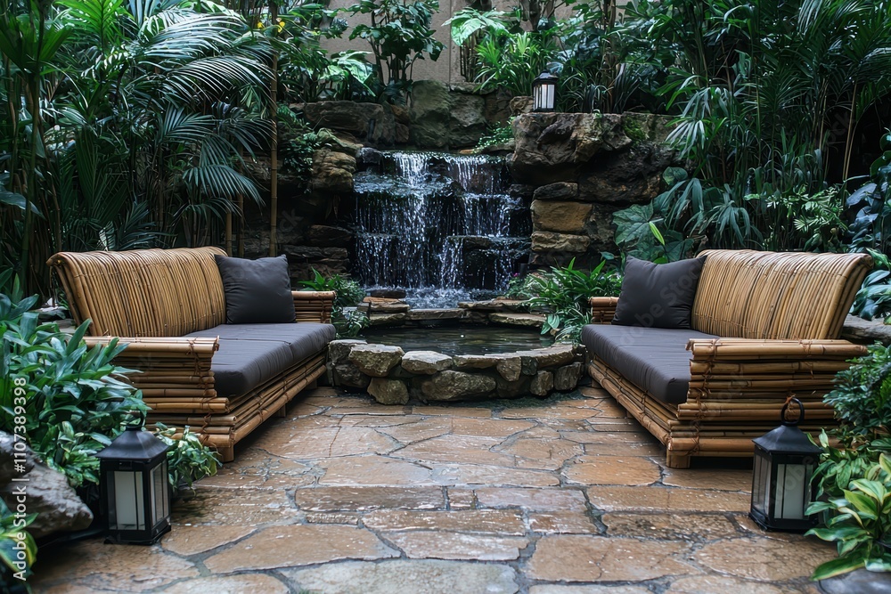 Obraz premium Serene outdoor lounge with millennial gray accents tropical garden seating area tranquil environment eye-level view relaxation concept