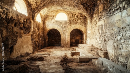 A photograph of an ancient bathhouse interior, with stone walls and arched ceilings, and the light filtering through small windows photo