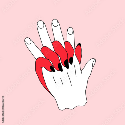 Line art simple illustration of two lovers hands. Hands of couple holding together. Concept of passion, desire, love, pleasure, intimate moment. Doodle minimal illustration for Valentine's day design