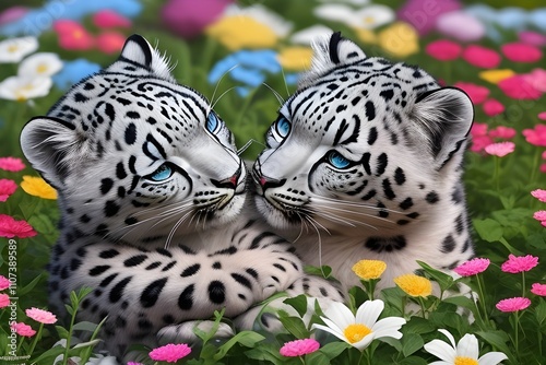 Two adorable snow leopard cubs face each other among vibrant flowers, capturing a moment of innocence and beauty in nature Generative AI  photo