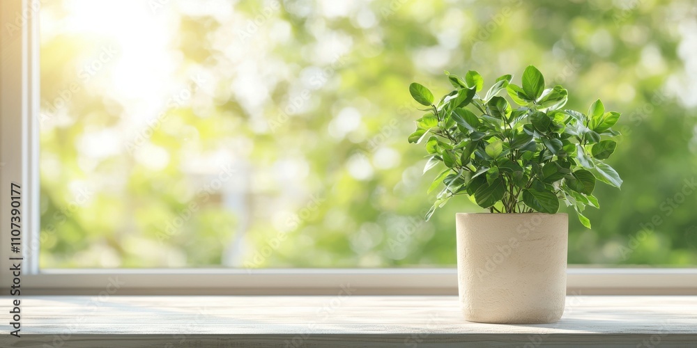 A fresh green plant in a pot by the window, basking in warm sunlight. A fresh green plant in a pot by the window, basking in warm sunlight.