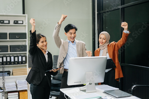 Diverse teams celebrating success in a lively office setting, capturing moments of joy, teamwork, photo