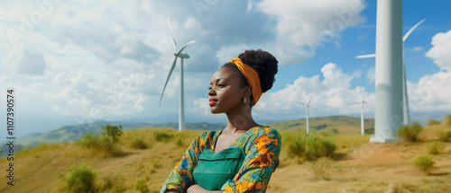 profile of beautiful african american woman standing on the hill with wind mills; concept of ecology, thinking abouth earth condition and  photo