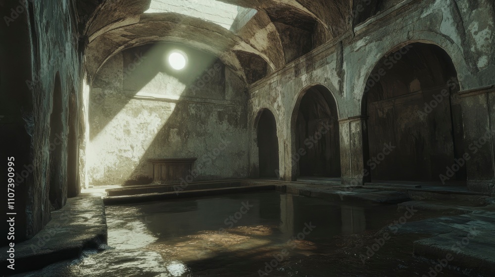Fototapeta premium A photograph of an ancient bathhouse interior, with stone walls and arched ceilings, and the light filtering through small windows