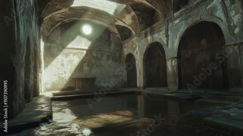 A photograph of an ancient bathhouse interior, with stone walls and arched ceilings, and the light filtering through small windows photo