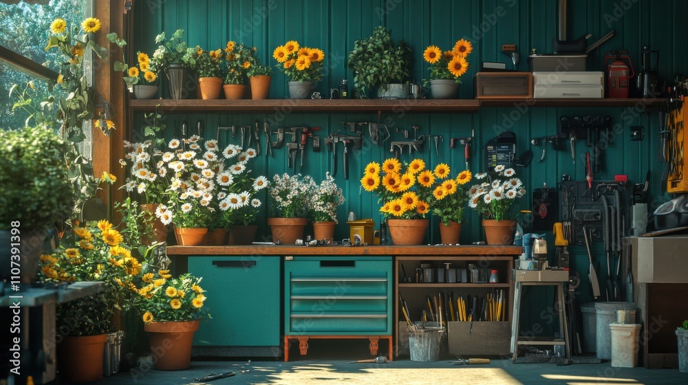 A car repair shop with spring flowers like daisies and digital pic A car repair shop with spring flowers like daisies and digital pic