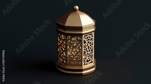 3D render of a simple Islamic lantern icon, in gold color, on a black background