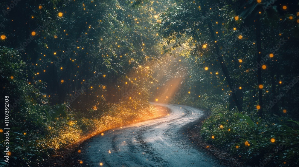 Obraz premium Magical forest road with fireflies at night.
