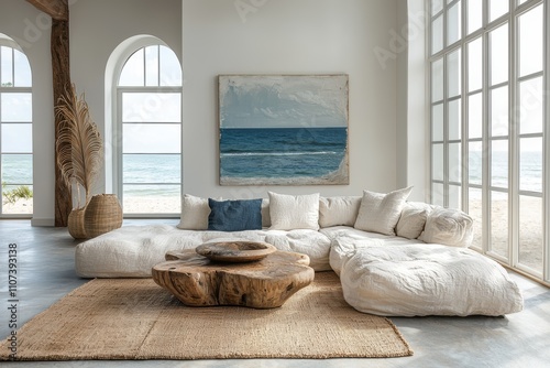 Coastal living room design ocean view modern home decor bright environment minimalist concept with millennial gray accents photo