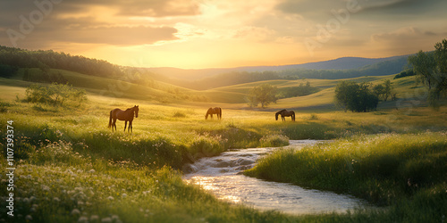 Horses Grazing by a Stream During Golden Sunset photo