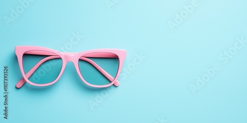 Stylish pink glasses on a bright blue background for fashion and accessories. photo