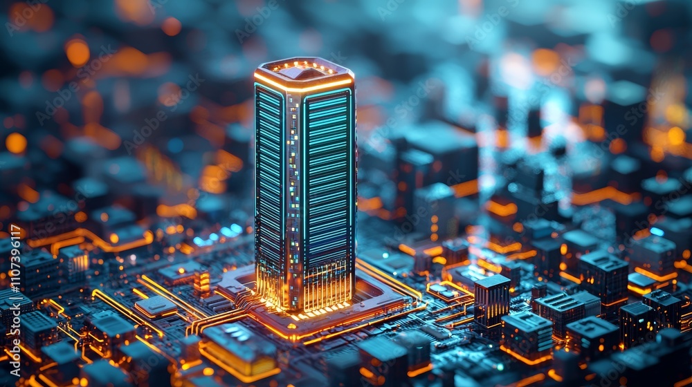 Obraz premium Peak energy reliability concept. Futuristic cityscape with a glowing skyscraper and circuit-like design.