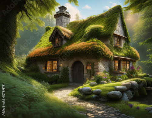 A whimsical moss-covered cottage with a thatched green roof sits along a stone pathway in a mystical forest setting. photo