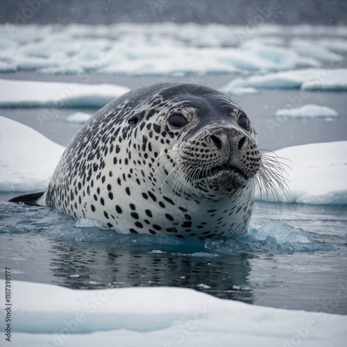 A leopard seal hunting penguins in icy waters near a snowy forest.

