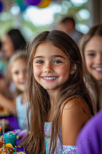 Wallpaper Mural Smiling young girl with friends at birthday party indoors during daytime celebration Torontodigital.ca