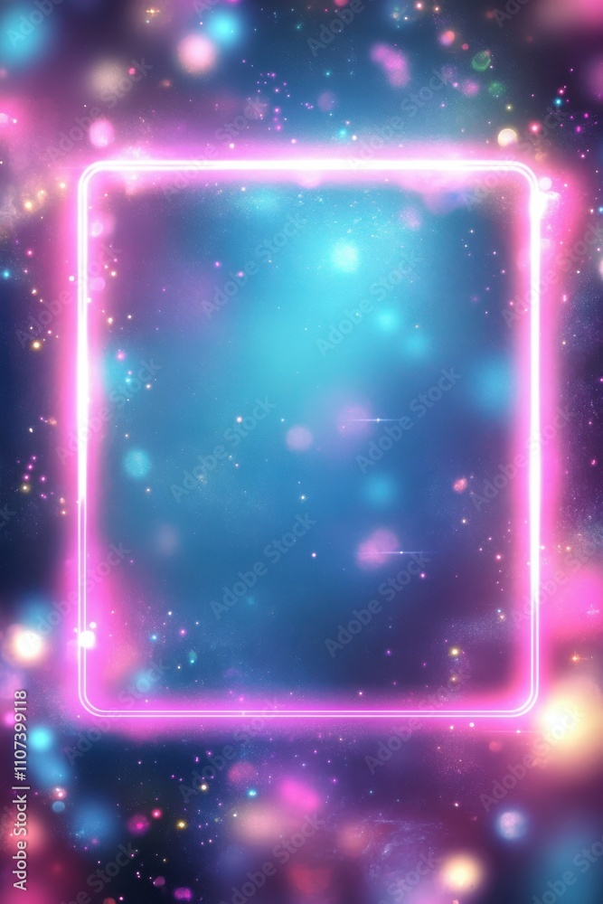Obraz premium A vibrant abstract background with glowing neon borders and colorful bokeh, perfect for creative designs.