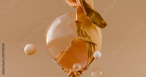 3D animation of the interaction between liquid bubbles and yellow fabric. The concept is based on the interaction of natural essential oils from cosmetics, drops of collagen serum, acids, vitamins