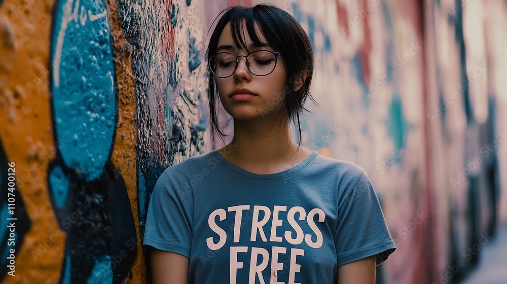 Naklejka premium Person in 'stress free' t-shirt against graffiti wall, symbolizing calm amidst chaos.