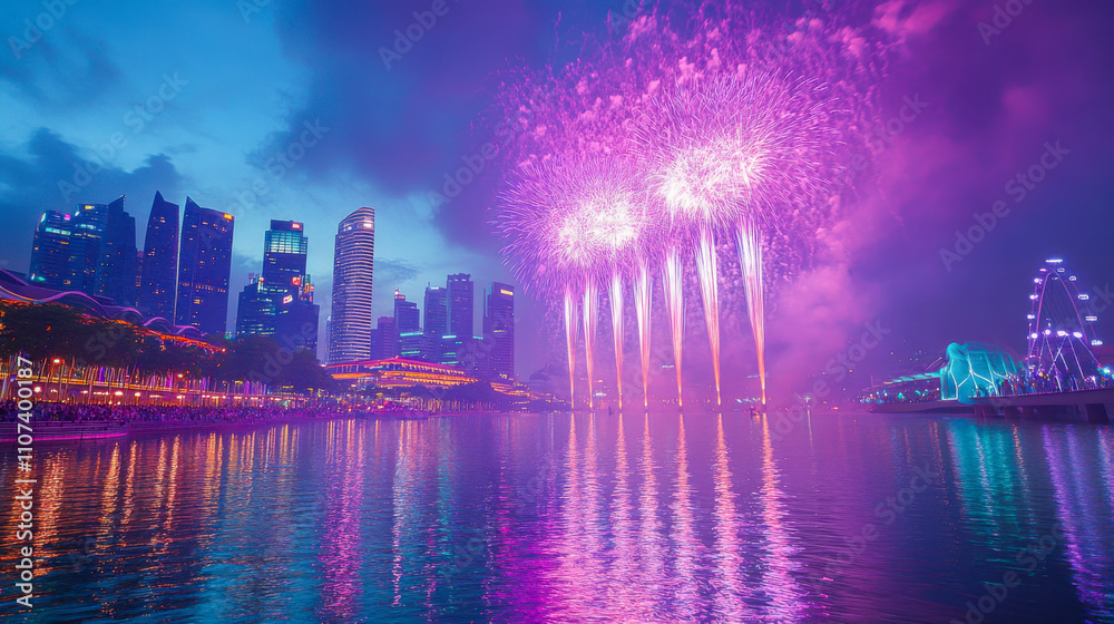 Fototapeta premium Spectacular night fireworks over skyline and waterfront in urban cityscape