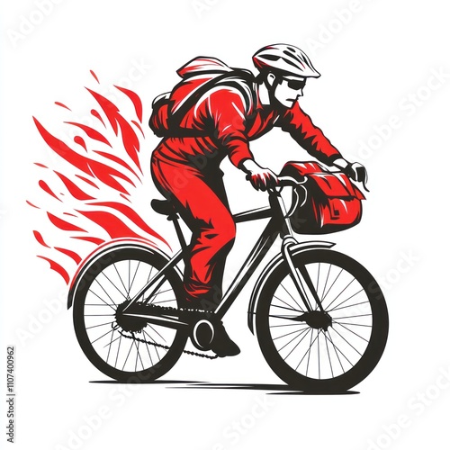 Cyclist in red riding bike with flames. photo