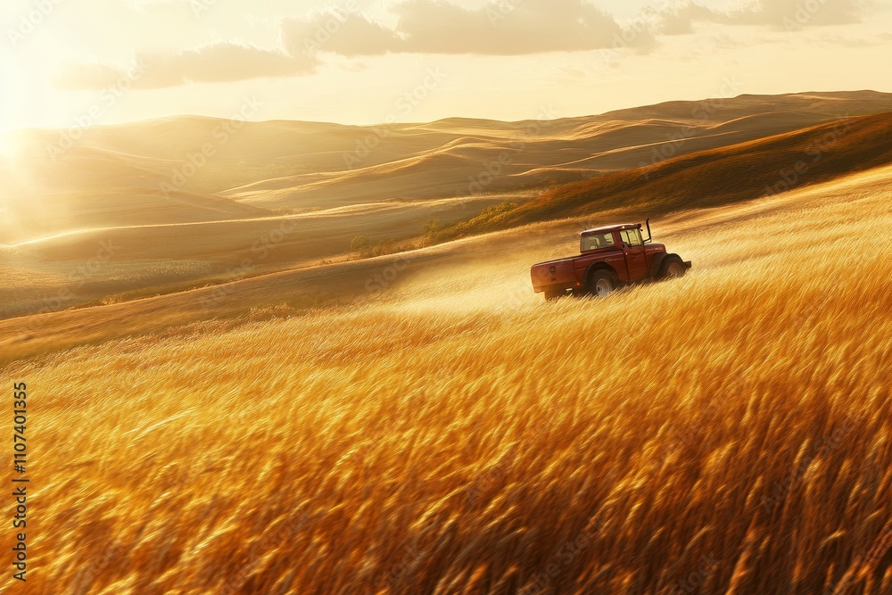 Fototapeta premium A Vintage Red Tractor Trailing Dust Through Golden Wheat Fields Under a Warm Golden Sunlight on Rolling Hills in a Serene Rural Landscape