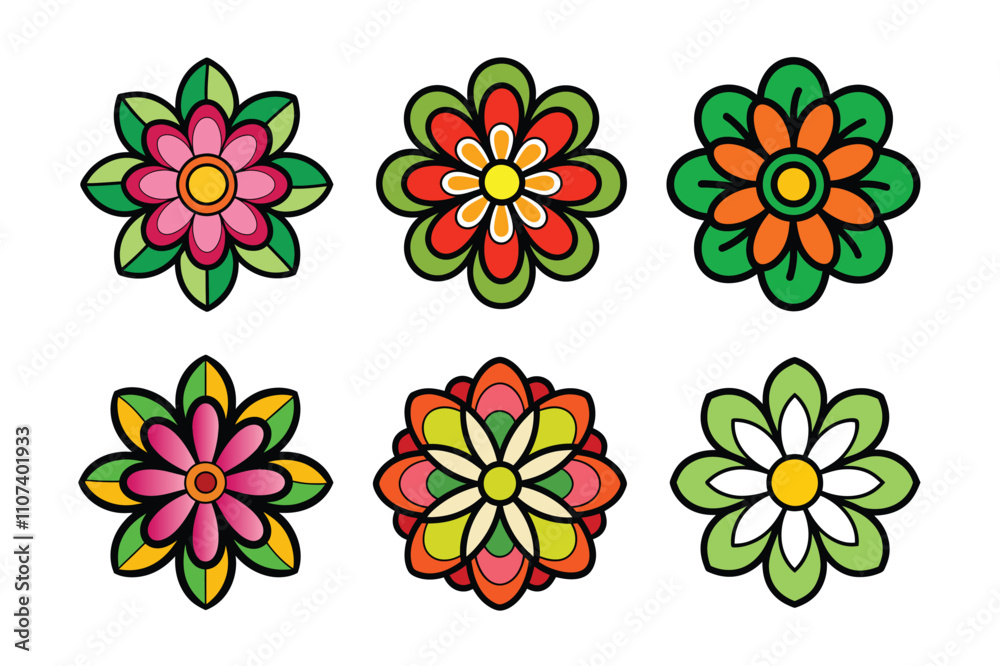 Fototapeta premium Hippy groovy daisy flowers set. Retro vintage style vector illustration