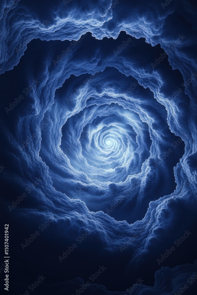 Obraz premium A mesmerizing swirl of deep blue clouds forms a spiral vortex, evoking feelings of mystery and depth.