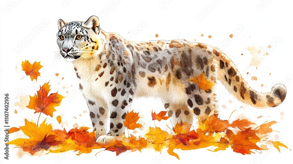 Obraz premium Snow Leopard Autumn Leaves, Watercolor Art, Wildlife Illustration, Big Cat Painting, Fall Season Animal Artwork