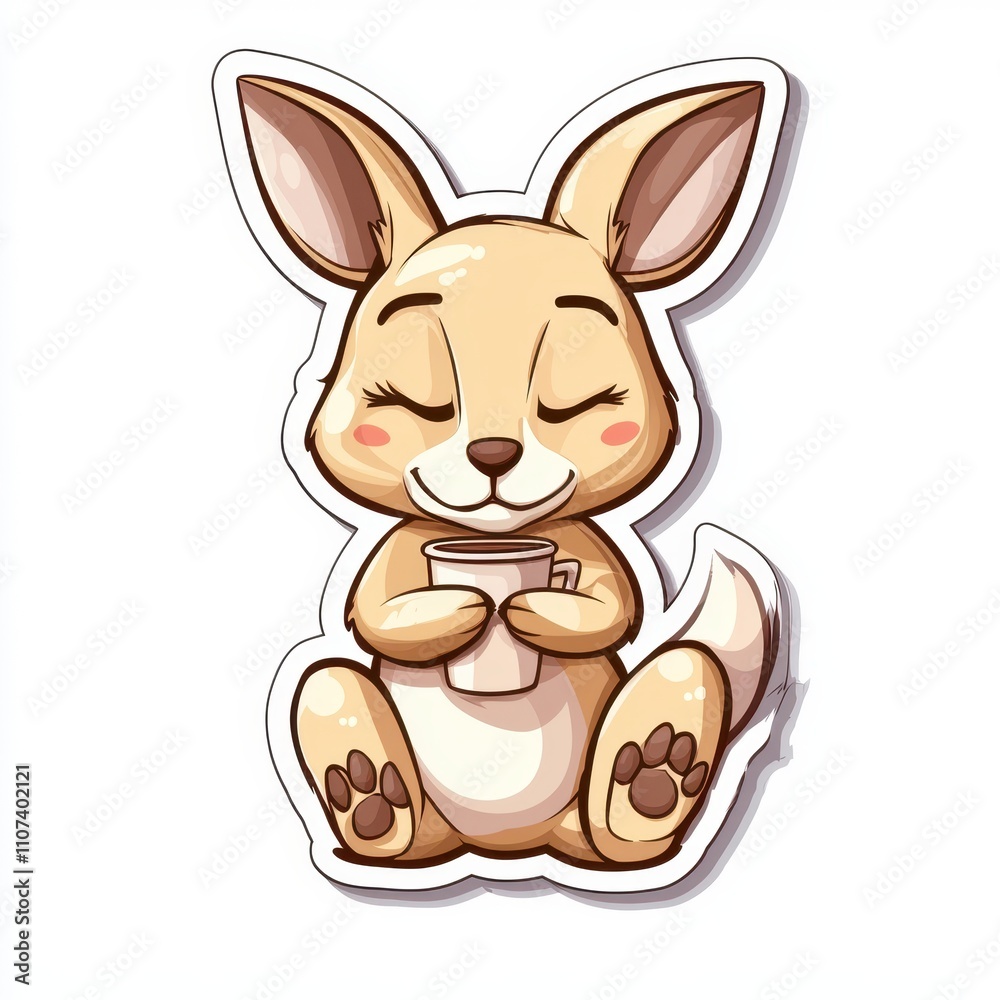 Fototapeta premium A charming illustration of a cute kangaroo enjoying a warm coffee. Perfect for children's books, greeting cards, or any project needing a touch of Aussie charm. 