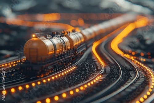 Train on Curved Track with Bright Lights and Tanker Cars at Dusk photo