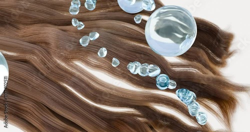 The 3D rendering depicts the fluid motion of bubbles against the backdrop of a cascade of locks of dark hair. The idea of revitalizing the health and beauty of hair