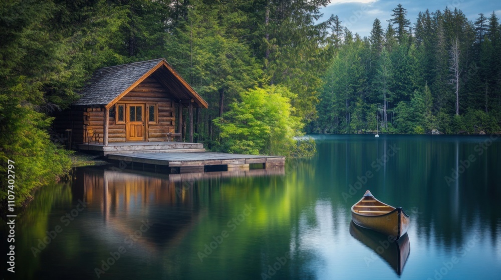 Obraz premium Secluded log cabin by calm lake with canoe.